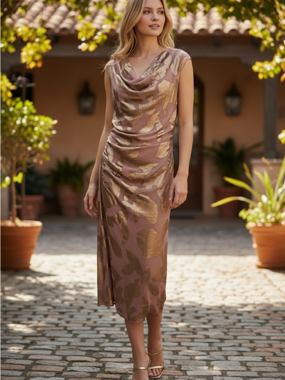 SIMKHAI Burke Draped Midi Dress Cocoa Metallic Ruched Size 4 NWT $845
